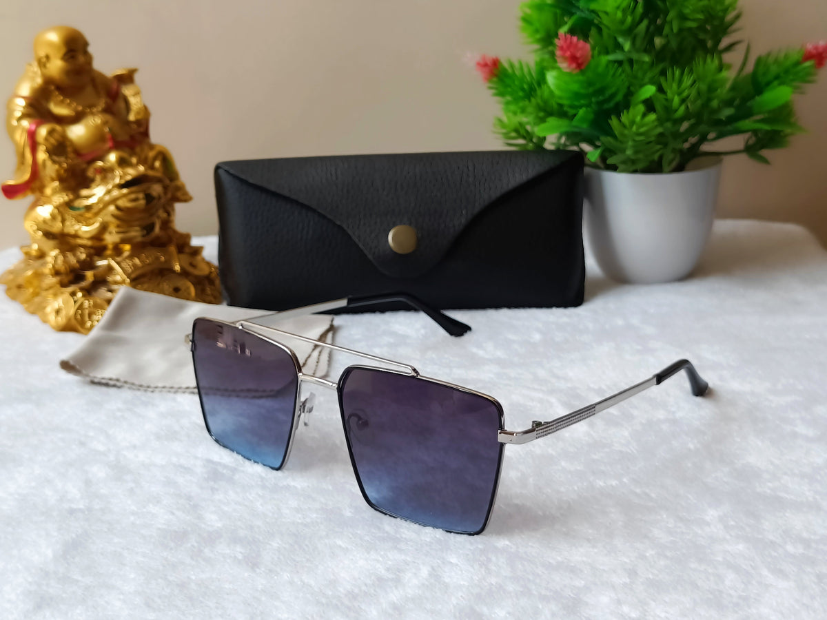 Black Silver Blue Gradient Square Sunglasses For Men & Women~NON-7761