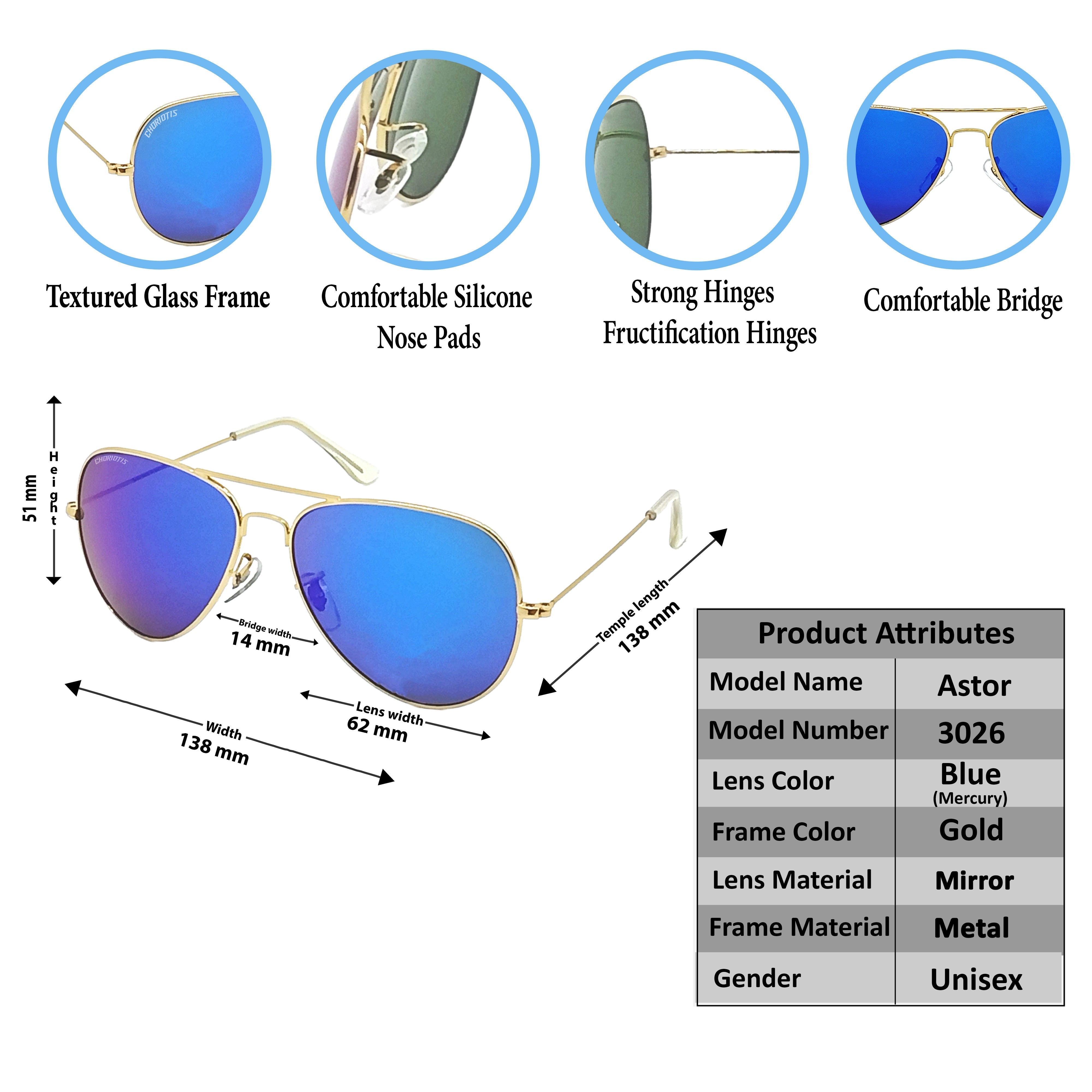 Astor Aviator Blue-Gold Sunglasses For Men & Women~CT-3026