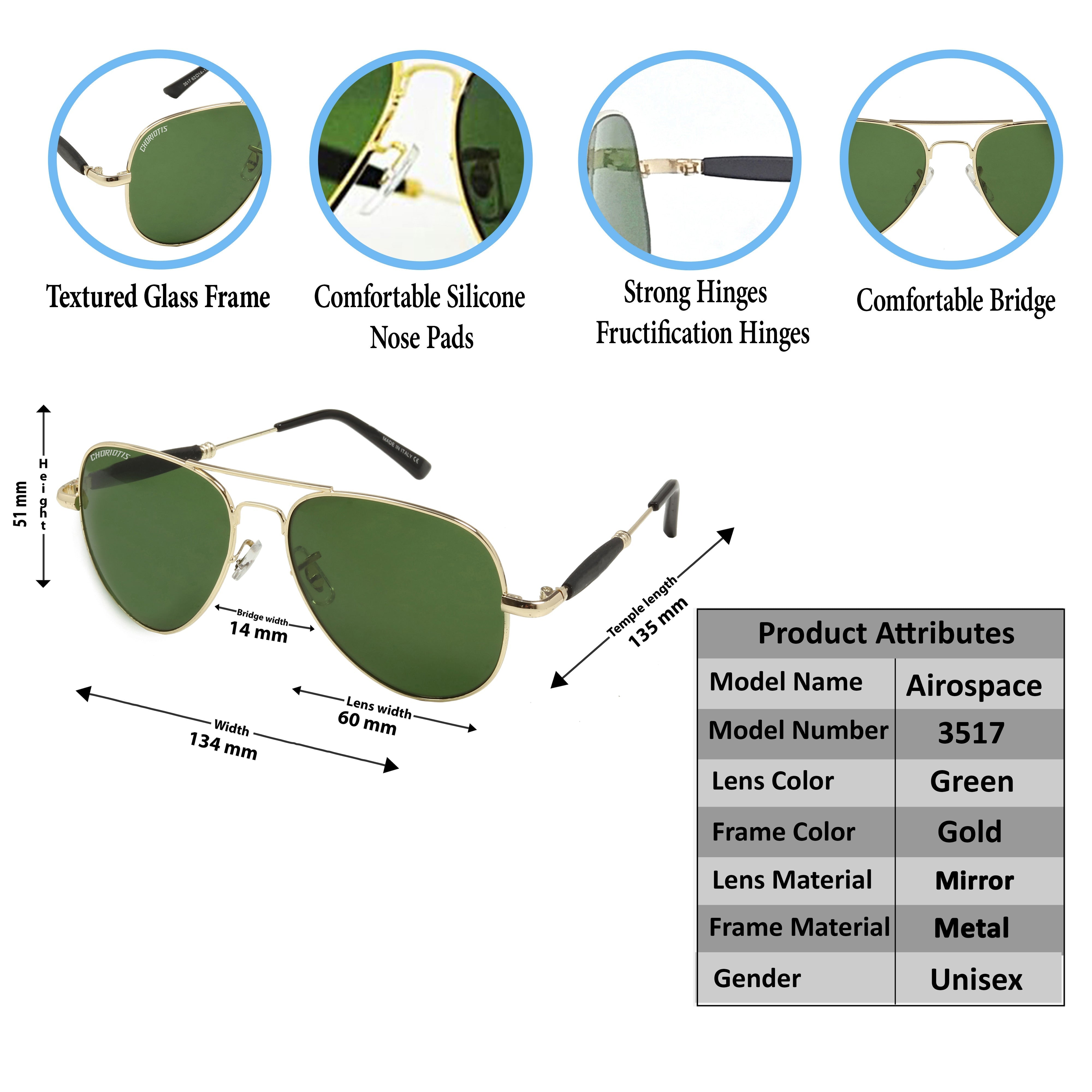 Airospace Aviator Green-Gold Sunglasses For Men & Women~CT-3517