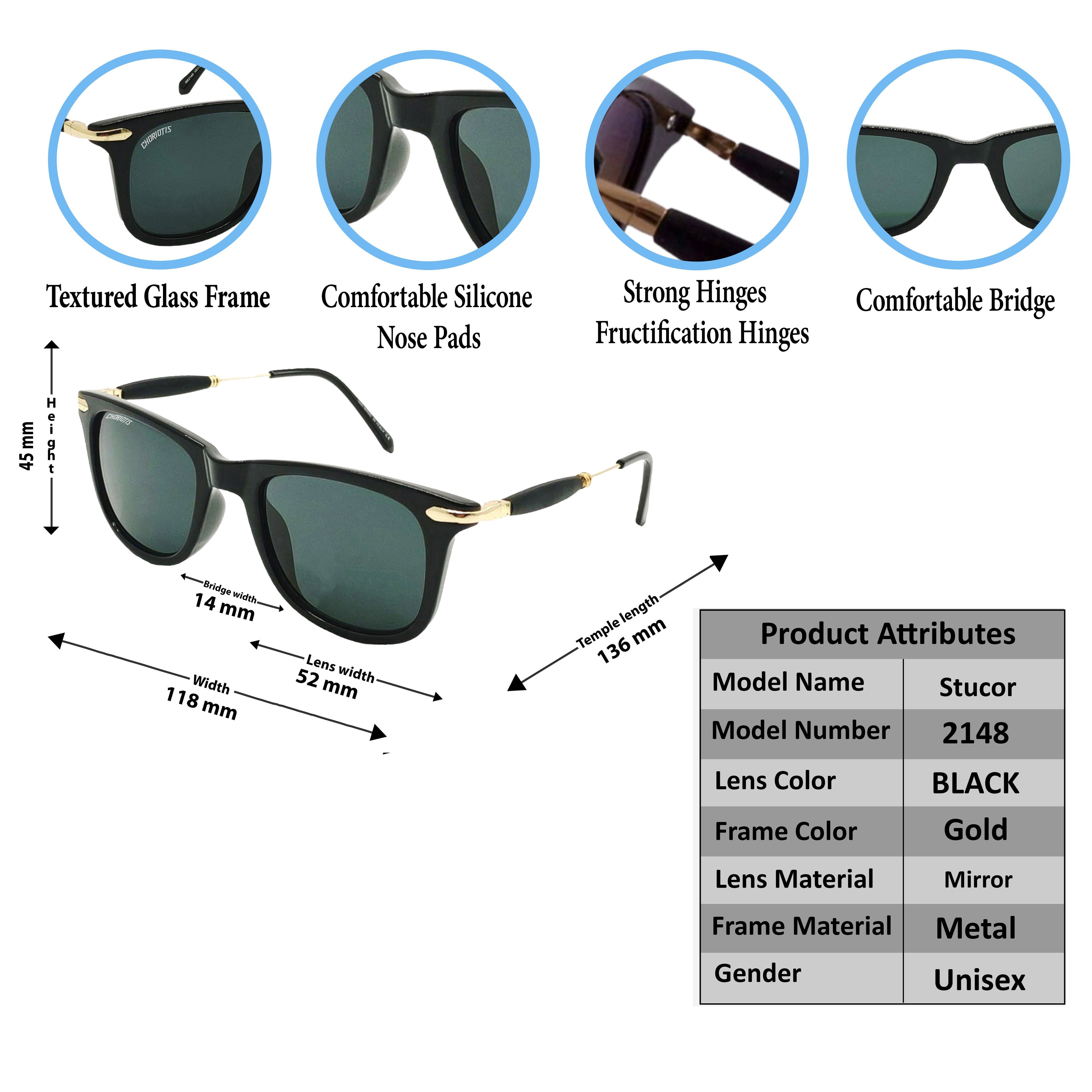 Stucor Square Black-Gold Sunglasses For Men & Women~CT-2148