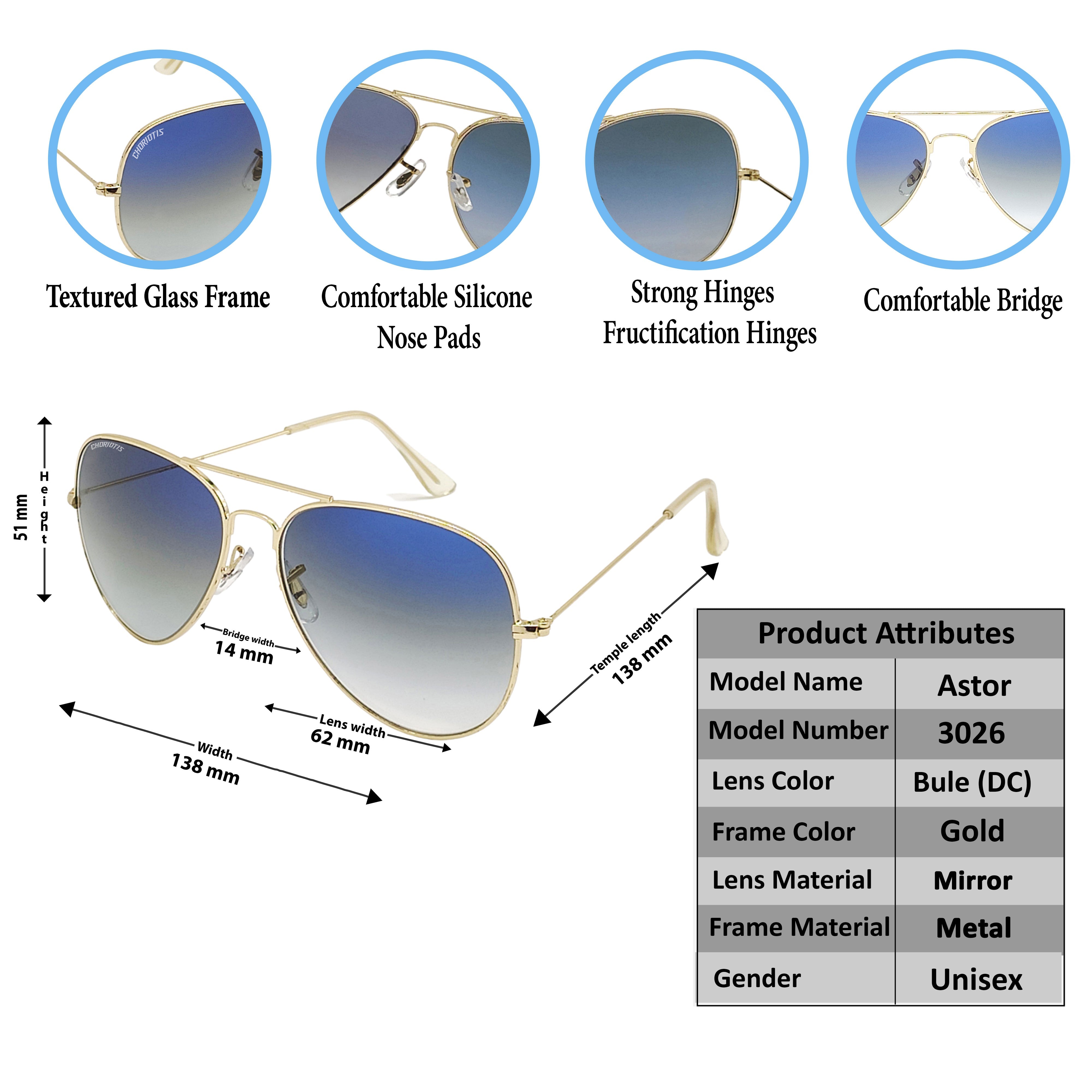 Astor Aviator Blue-Gold Sunglasses For Men & Women~CT-3026