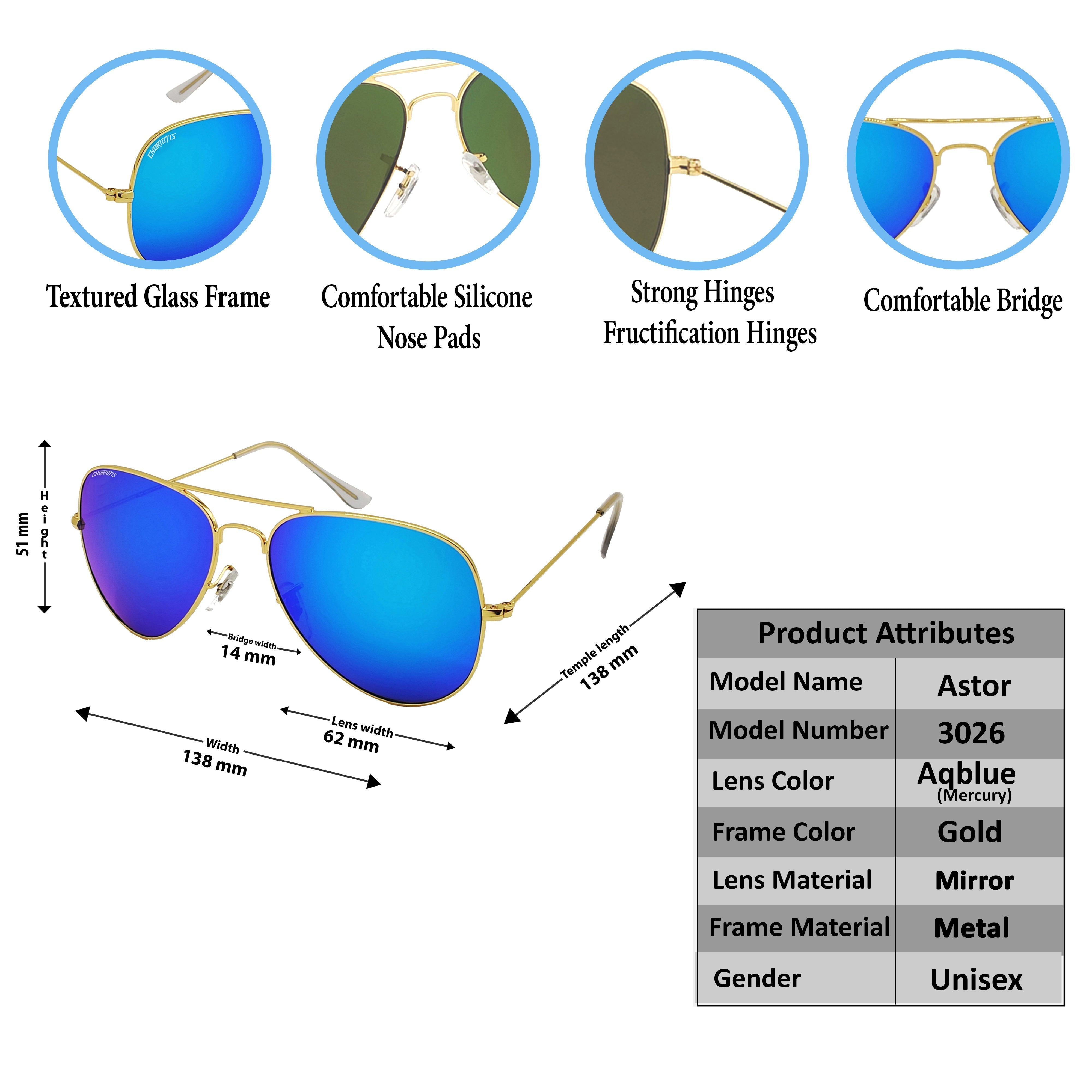 Astor Aviator Aqua Blue-Gold Sunglasses For Men & Women~CT-3026