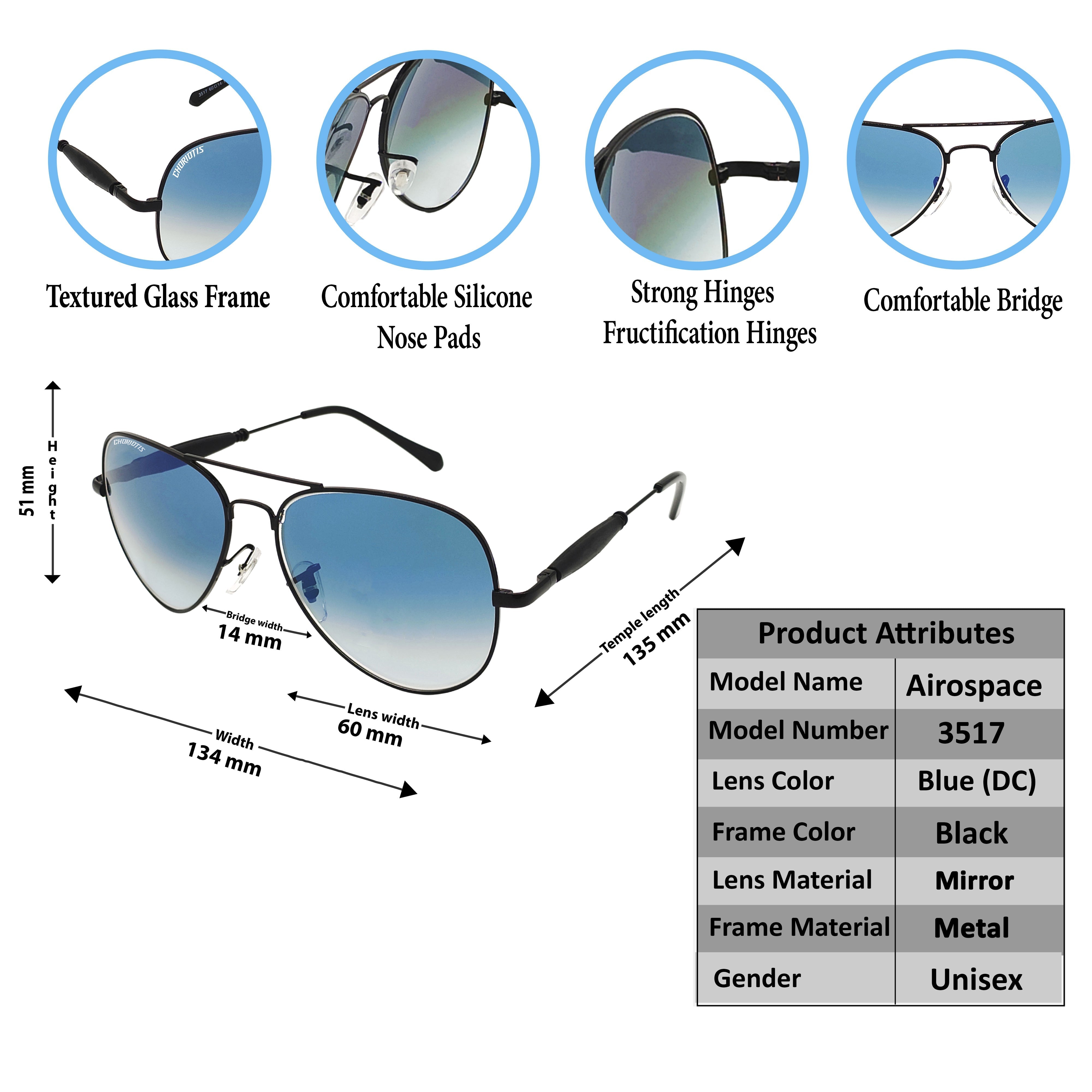 Airospace Aviator Blue D.C-Black Sunglasses For Men & Women~CT-3517