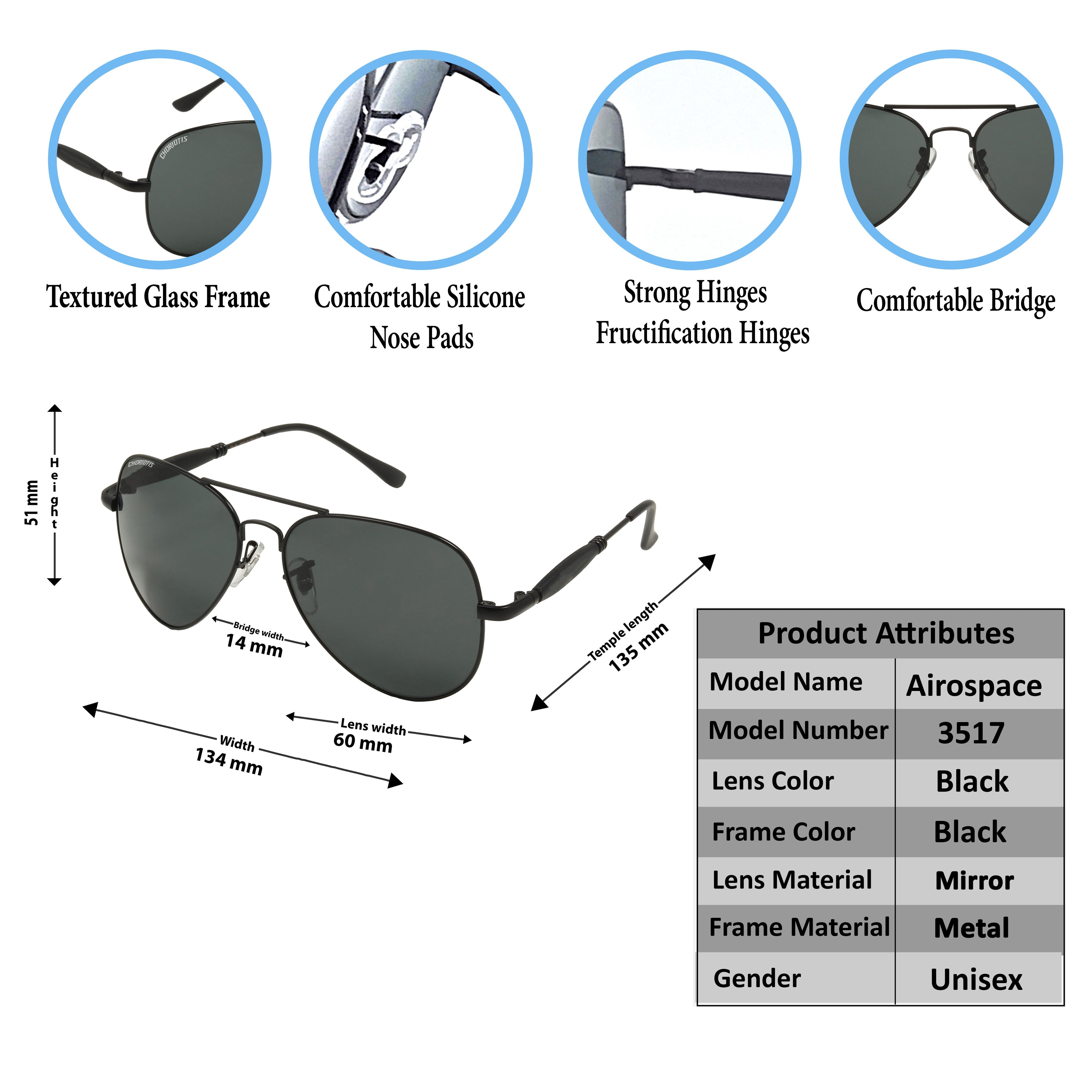 Airospace Aviator Black-Black Sunglasses For Men & Women~CT-3517